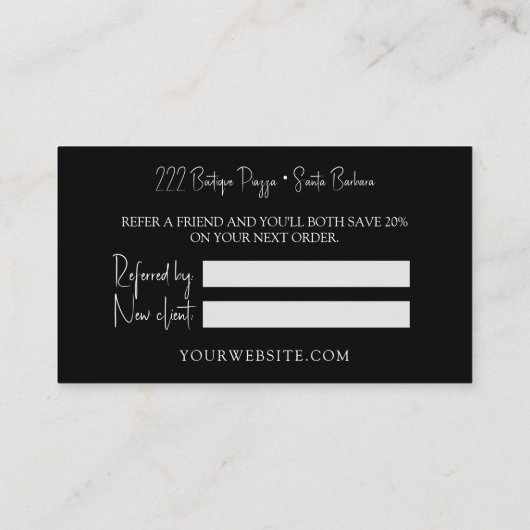 Moderne Schwarz-weiße Empfehlungskarte (Rückseite)