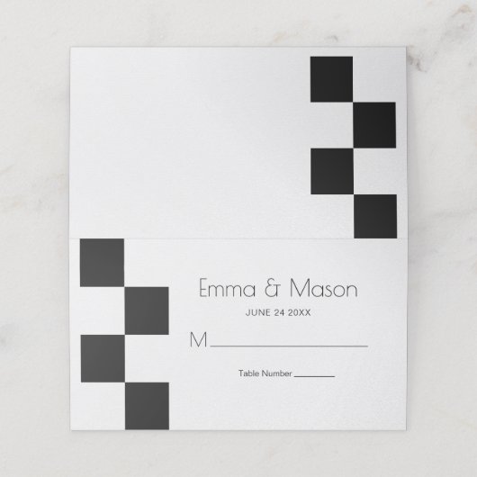 Moderne Schwarz-weiße Fliesen Platzkarte (Außenseite Aufgefaltet)