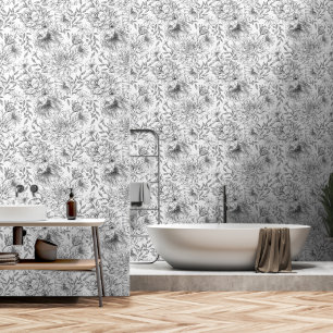 Moderne Schwarz-weiße Florals Lineart Tapete
