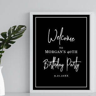 Moderne Schwarz-weiße Geburtstagsparty Willkommen Poster