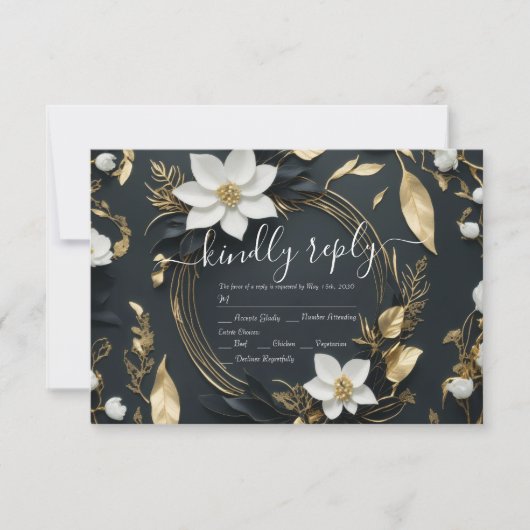 Moderne Schwarz-weiße Goldblumenzeremonie RSVP (Vorderseite)