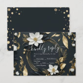 Moderne Schwarz-weiße Goldblumenzeremonie RSVP Karte (Vorne/Hinten)