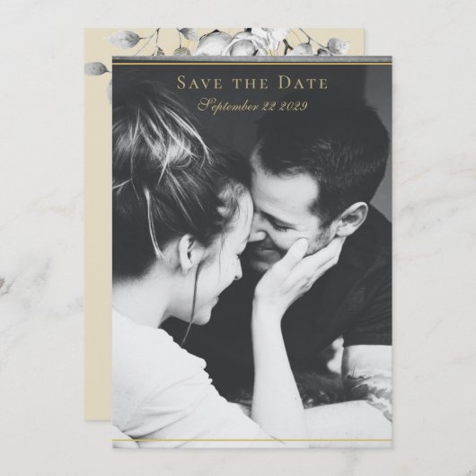 Moderne Schwarz-weiße Goldhochzeit mit Blumenreath Save The Date (Vorne/Hinten)