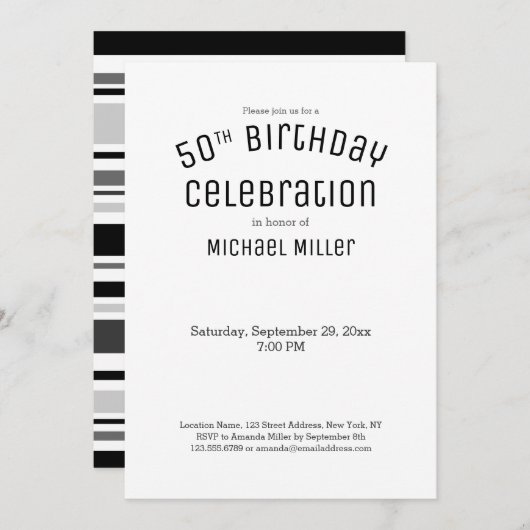 Moderne Schwarz-weiße graue Streifen 50. Geburtsta Einladung (Vorne/Hinten)