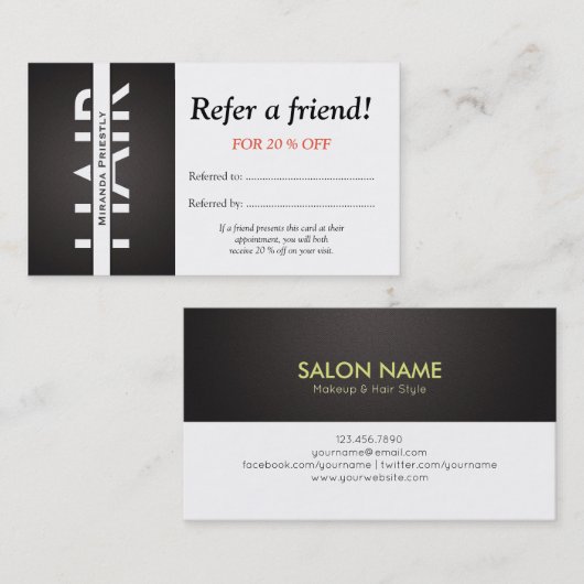 Moderne Schwarz-weiße Haarbildkarte Empfehlungskarte (Vorne/Hinten)