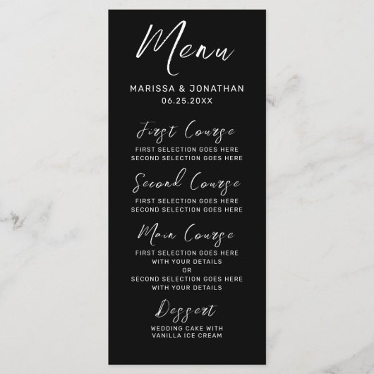 Moderne Schwarz-weiße handgeschriebene Hochzeit Menükarte (Vorderseite)