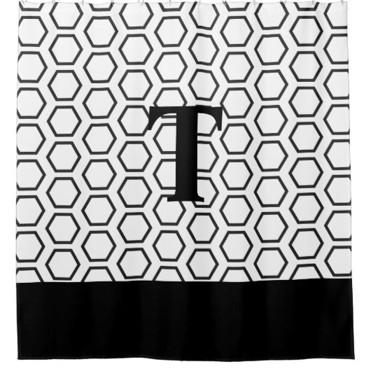 Moderne Schwarz-weiße Hexagon Honeycomb Initial Duschvorhang (Vorderseite)