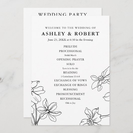 Moderne, schwarz-weiße Hochzeit Programm (Vorne/Hinten)