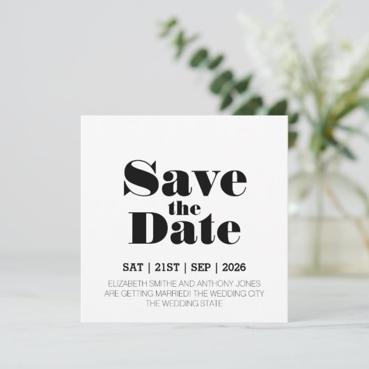 Moderne Schwarz-weiße Hochzeit Save The Date (Stehend Vorderseite)