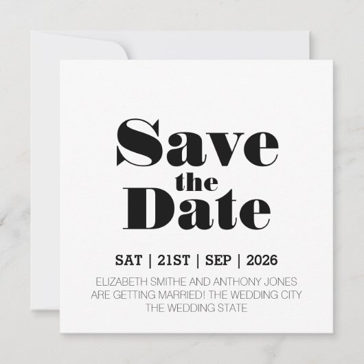Moderne Schwarz-weiße Hochzeit Save The Date (Vorderseite)