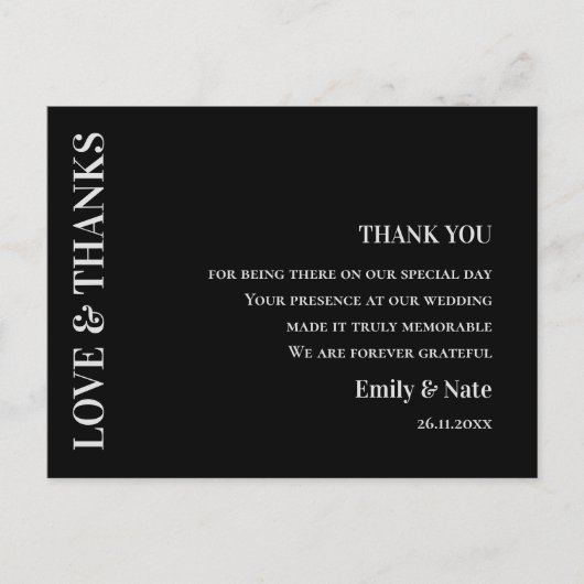 Moderne Schwarz-weiße Hochzeit Vielen Dank Postkarte (Vorderseite)
