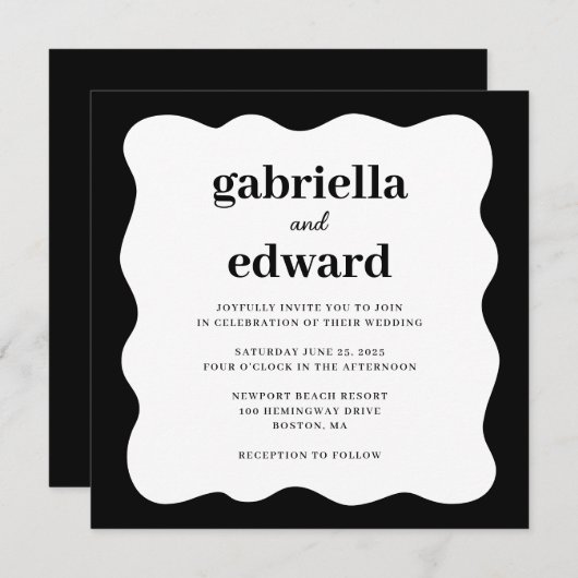 Moderne Schwarz-weiße Hochzeitsfeier an der Grenze Einladung (Vorne/Hinten)