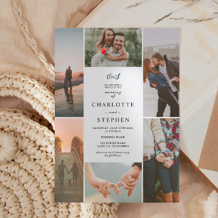 Moderne Schwarz-weiße Initialen Foto Grid Hochzeit Einladung