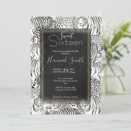 Moderne Schwarz-weiße Leopard Tiger Tiere Einladung (Stehend Vorderseite)