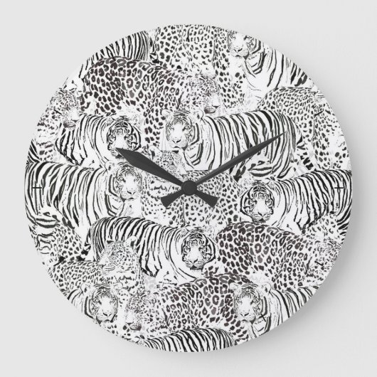 Moderne Schwarz-weiße Leopard Tiger Tiere Große Wanduhr (Vorderseite)