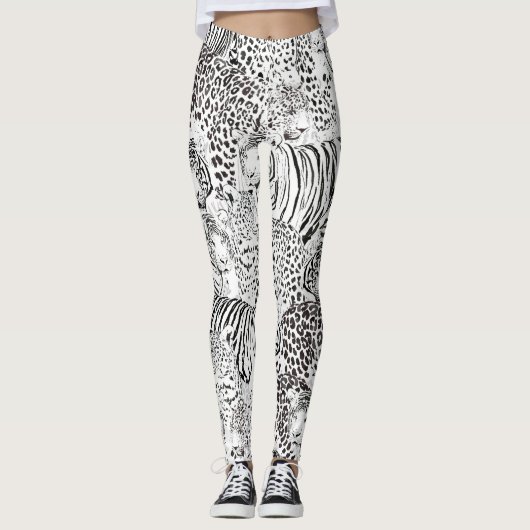 Moderne Schwarz-weiße Leopard Tiger Tiere Leggings (Vorderseite)