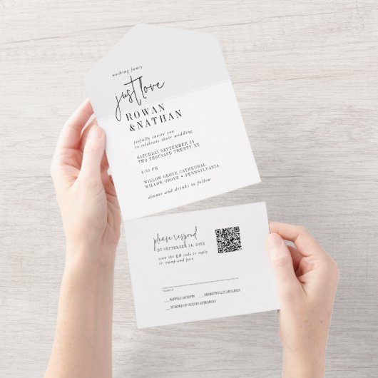 Moderne Schwarz-weiße Liebe QR Code Hochzeit All In One Einladung (Abreißen)