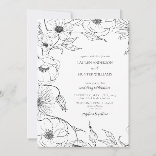 Moderne Schwarz-weiße Linie Kunst, Dichtung und Mu Einladung (Vorderseite)