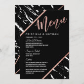 Moderne Schwarz-weiße Marmorhochzeit der Rose Gold Menükarte (Vorne/Hinten)