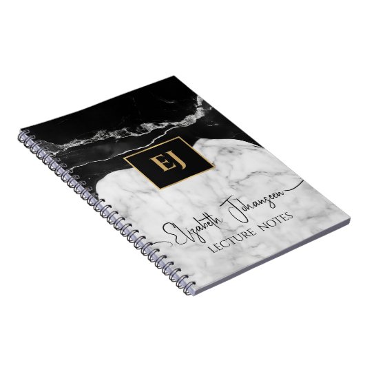 Moderne Schwarz-weiße Marmortextur Gold Mit Monogr Notizblock (Rechte Seite)