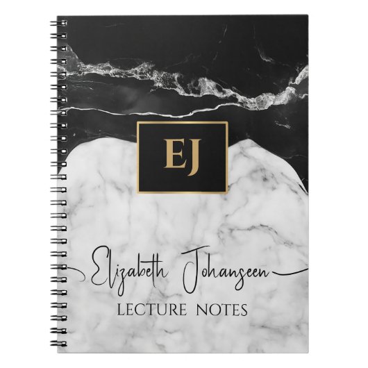 Moderne Schwarz-weiße Marmortextur Gold Mit Monogr Notizblock (Vorderseite)