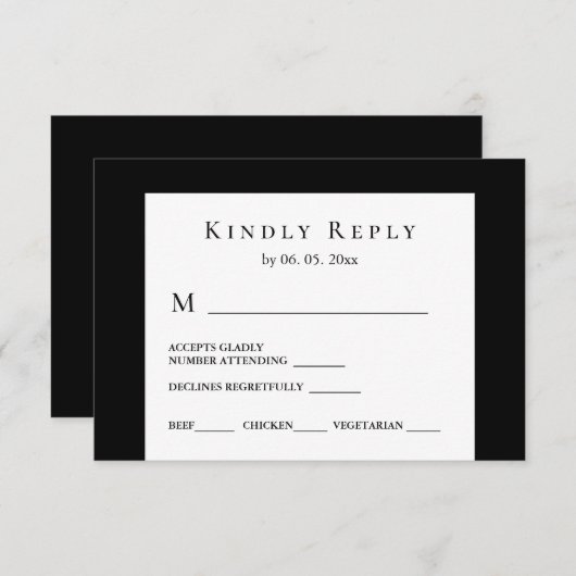 Moderne Schwarz-weiße Minimal Design Hochzeit RSVP Karte (Vorne/Hinten)