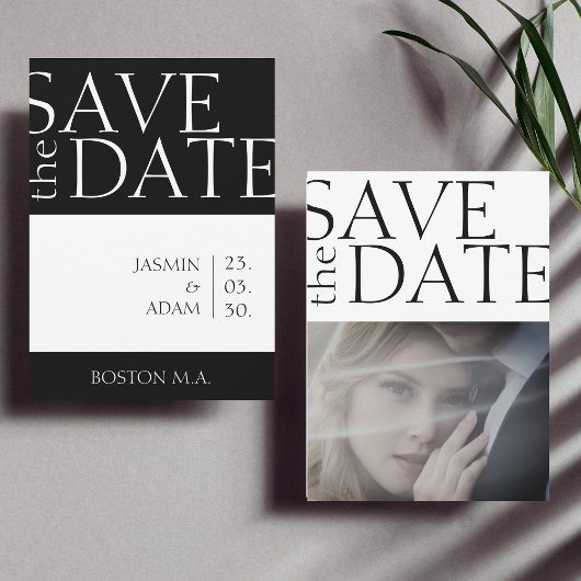Moderne Schwarz-weiße Minimal-Foto-Hochzeit Save The Date