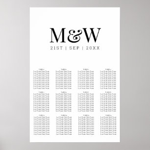 Moderne Schwarz-weiße Mongram Hochzeitstabelle Poster