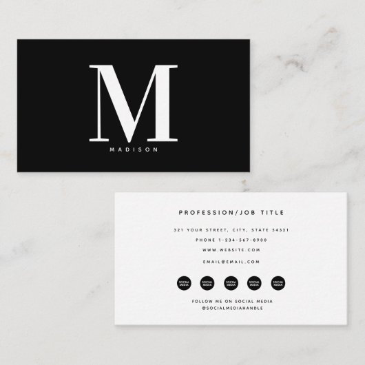 Moderne Schwarz-weiße Monogram Social Media Icons Visitenkarte (Vorne/Hinten)