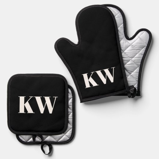 Moderne Schwarz-weiße Monogramm-Initialen Personal Ofenhandschuh & Topflappen-Set (Vorderseite/Rückseite)