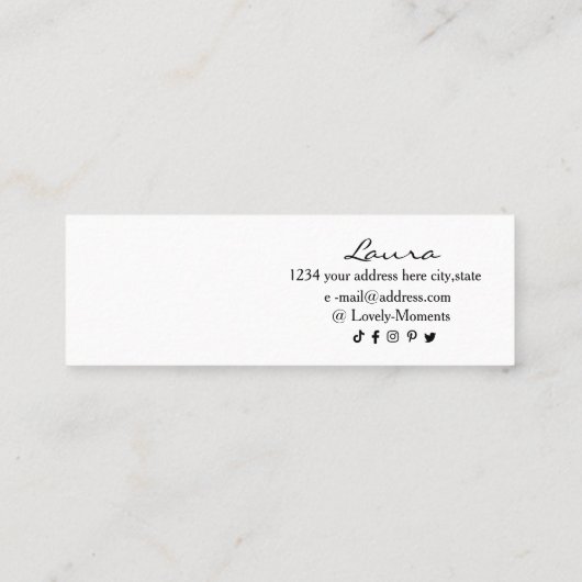 Moderne schwarz-weiße Ohrring-Display-Karte. Mini Visitenkarte (Rückseite)