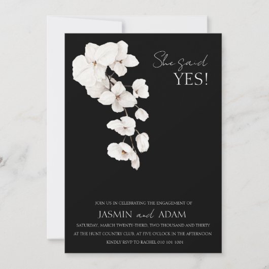 Moderne Schwarz-weiße Orchideen sagte sie ja Verlo Einladung (Vorderseite)