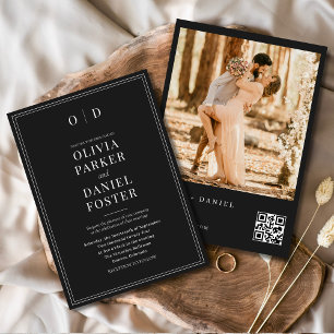 Moderne Schwarz-weiße QR Code Foto Hochzeit Einladung