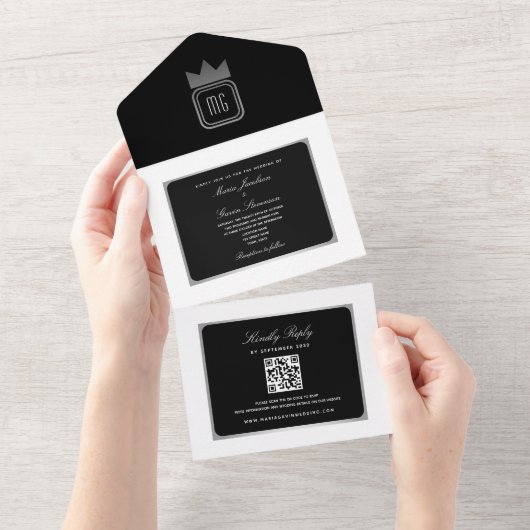 Moderne Schwarz-weiße QR-Hochzeit All In One Einladung (Abreißen)