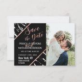 Moderne Schwarz-weiße Rose aus Marmor Gold Chic Save The Date (Vorderseite)