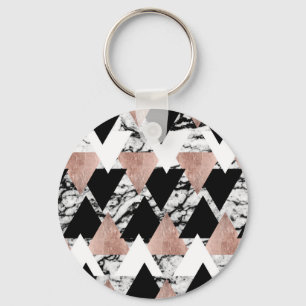 Moderne Schwarz-weiße Rose Gold Dreiecke auf Marmo Schlüsselanhänger
