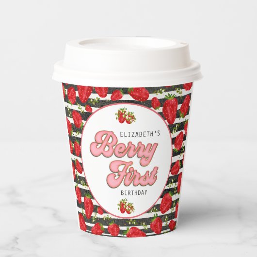 Moderne Schwarz-weiße Rote Erdbeere Berry First Pappbecher (Vorderseite)