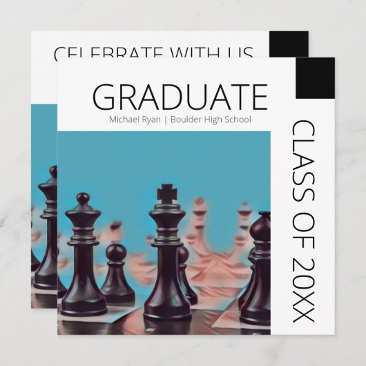 Moderne Schwarz-weiße Schachfiguren Abschluss Einladung (Vorne/Hinten)