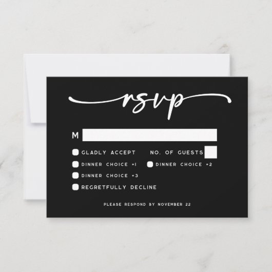 Moderne Schwarz-weiße Script-Minimal-Hochzeit RSVP Karte (Vorderseite)
