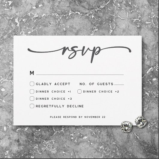Moderne Schwarz-weiße Script-Minimal-Hochzeit RSVP Karte