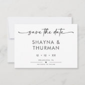 Moderne Schwarz-weiße Script-Minimal-Hochzeit Save The Date (Vorderseite)