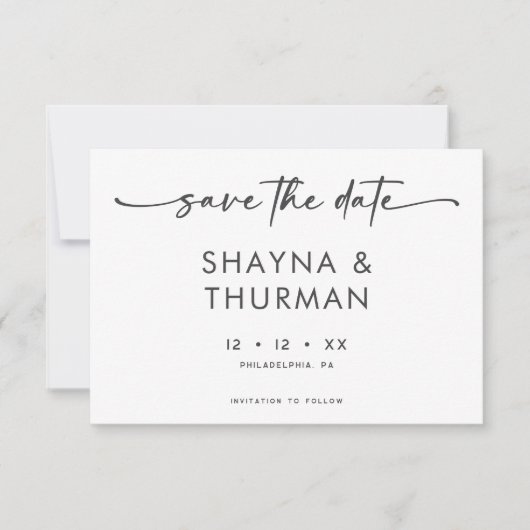 Moderne Schwarz-weiße Script-Minimal-Hochzeit Save The Date (Vorderseite)