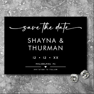 Moderne Schwarz-weiße Script-Minimal-Hochzeit Save The Date