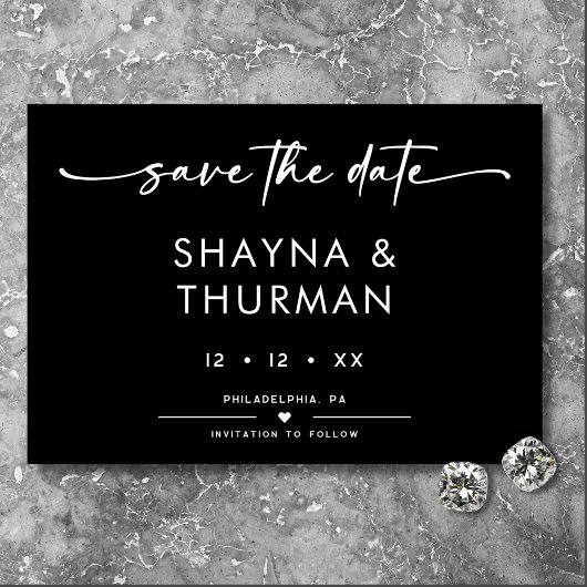 Moderne Schwarz-weiße Script-Minimal-Hochzeit Save The Date