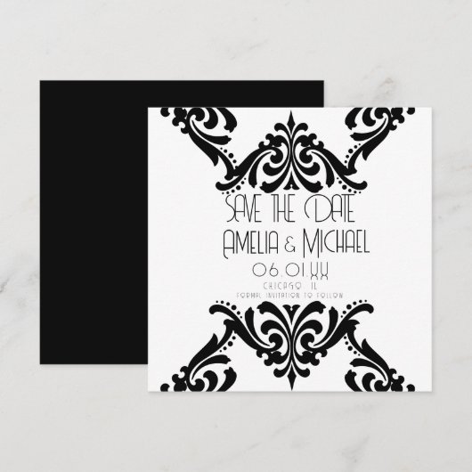 Moderne Schwarz-weiße Scrollkarten Save the Date Karte (Vorne/Hinten)