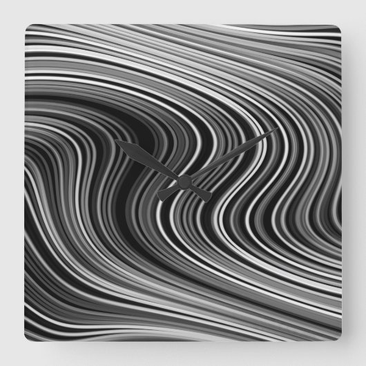 Moderne Schwarz-weiße Silver Gray Curvy Lines Quadratische Wanduhr (Vorderseite)