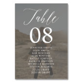 Moderne Schwarz-weiße Skriptnamen Fotos Hochzeit Tischnummer (Vorderseite)