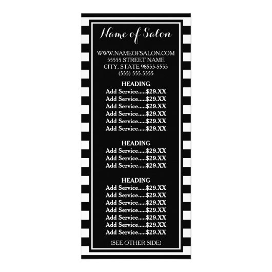Moderne Schwarz-weiße Streifen Beauty Salon Preisl Werbekarte (Vorne)
