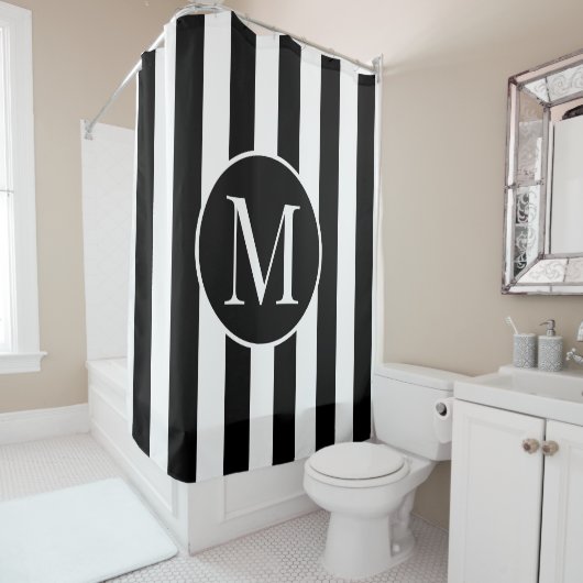 Moderne Schwarz-weiße Streifen Elegantes Monogramm Duschvorhang (Beispiel)
