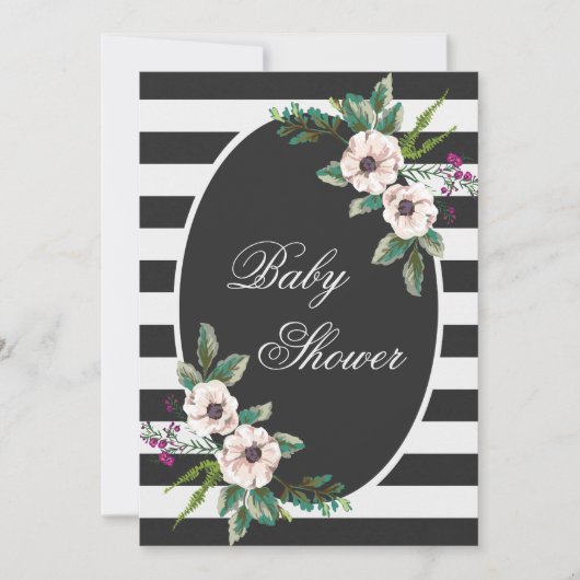 Moderne Schwarz-weiße Streifen Floral Baby Dusche Einladung (Vorderseite)